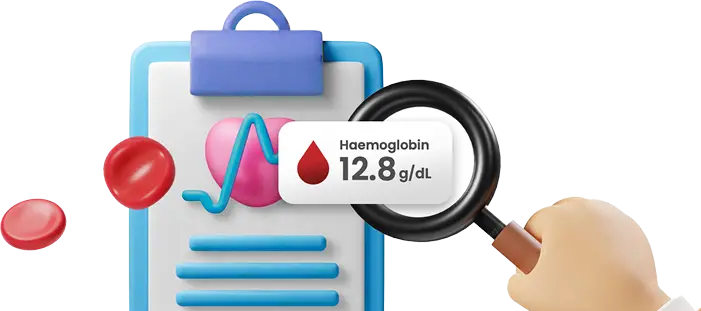 Clipboard with heart rate chart and haemoglobin reading under a magnifying glass