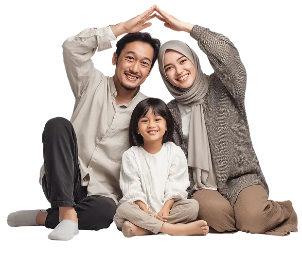Family sitting together, parents forming a protective shape with their hands above their child
